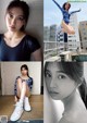 A collage of photos of a woman in a blue leotard and white sneakers.