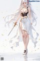 A woman with long white hair holds a sword, wearing a revealing outfit and high heels.