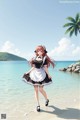 A woman in a maid outfit walking on the beach.