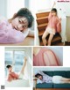 A collage of photos of a woman laying on a couch.