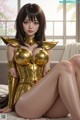 A woman in a gold outfit sitting on a bed.